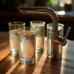 Vasos de agua de una familia, agua limpia gracias al filtro de agua