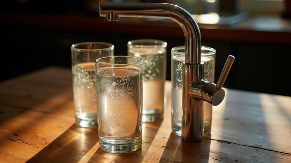 Vasos de agua de una familia, agua limpia gracias al filtro de agua