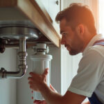 Persona instalando filtro de agua en casa