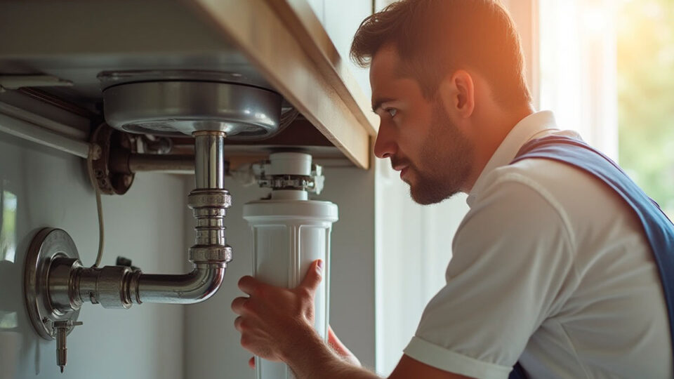 Persona instalando filtro de agua en casa