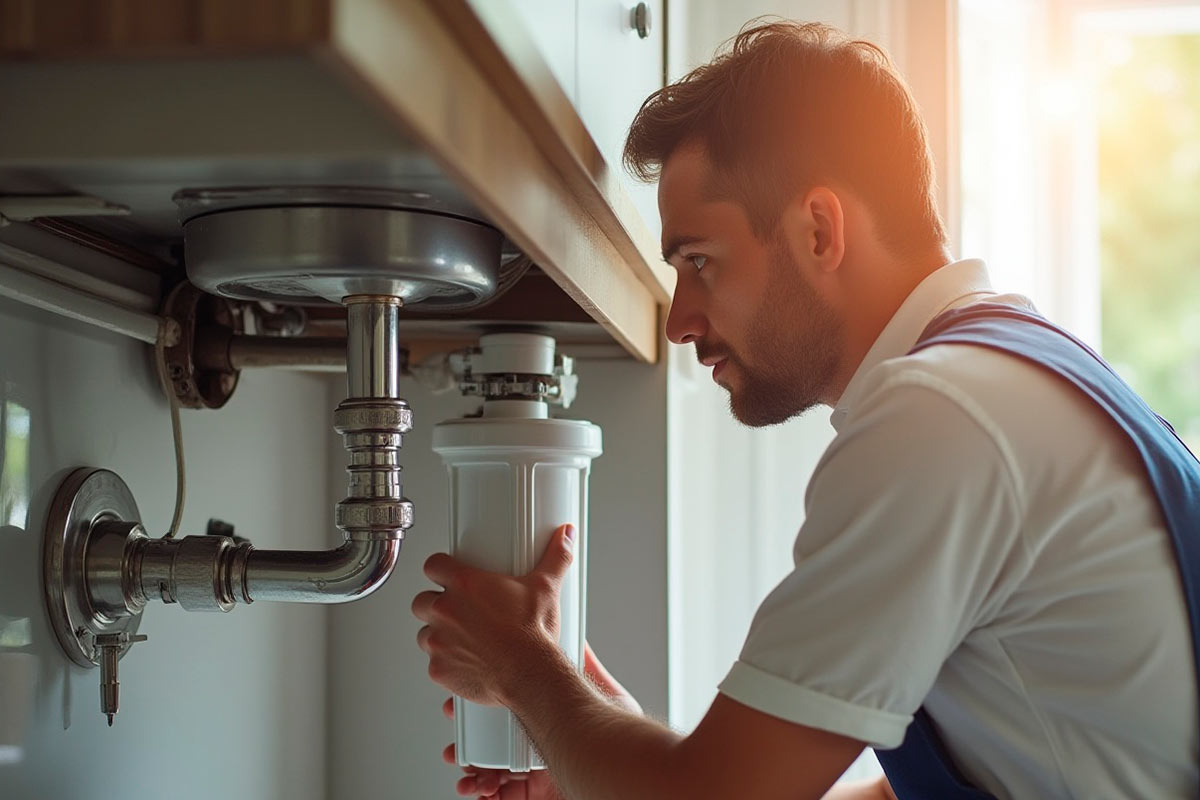 Persona instalando filtro de agua en casa